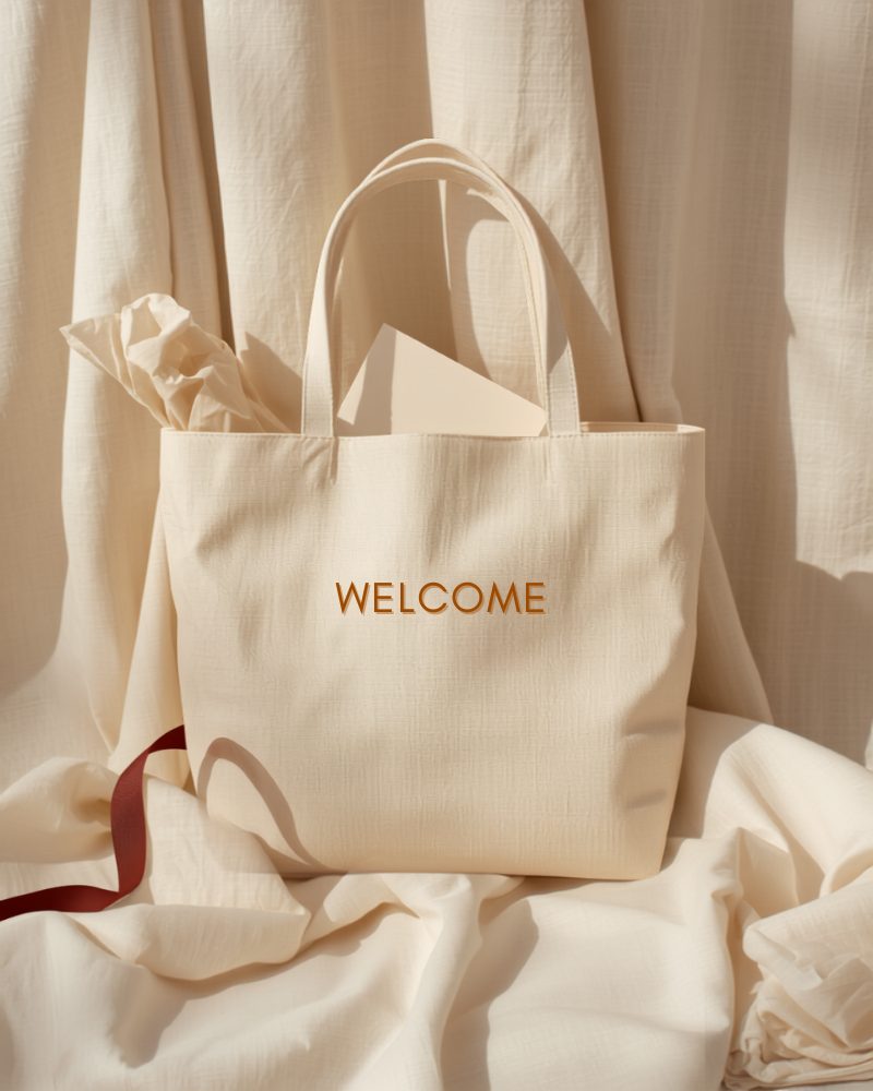 Embroidered canvas welcome tote bag with tissue paper and ribbon