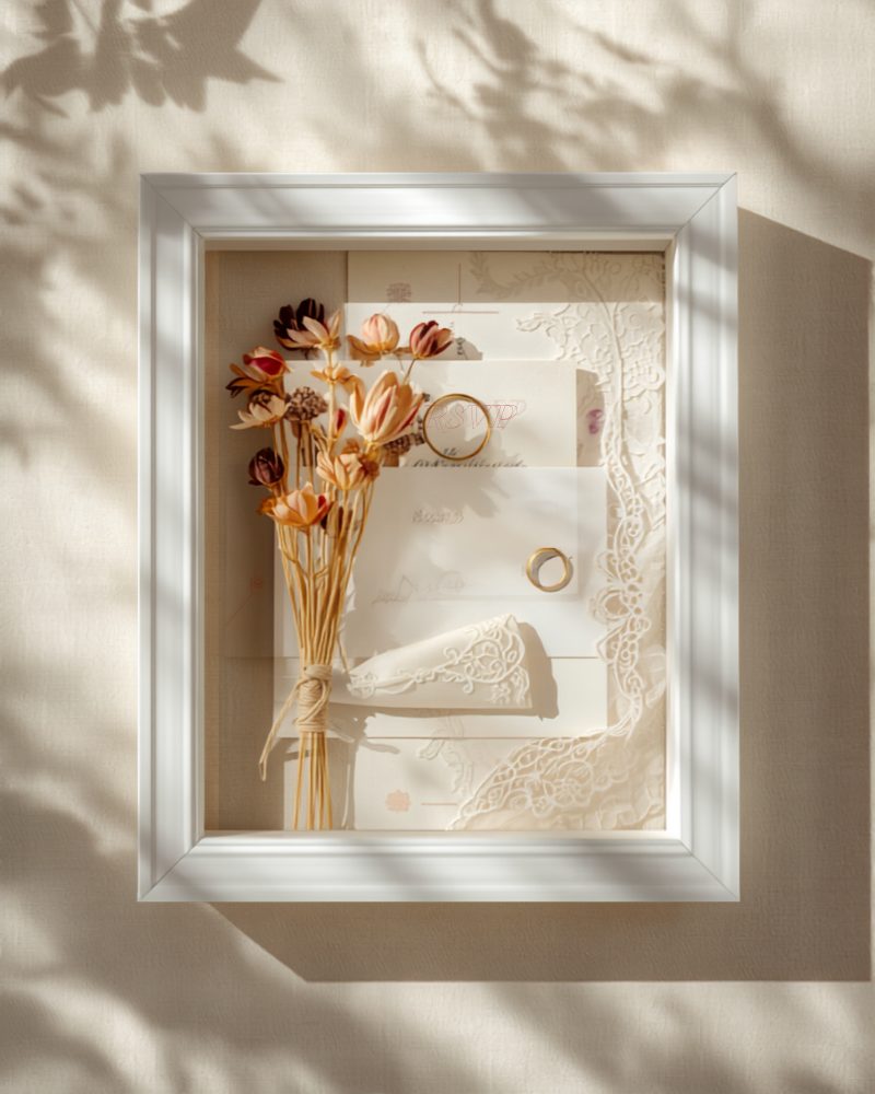 White shadow box frame filled with wedding mementos — dried bouquet, rings, and lace