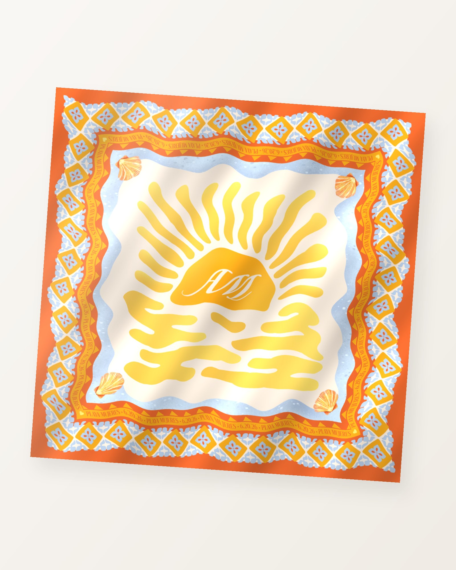 Custom silk scarf keepsake with a personalized sunset monogram design
